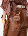 Shell Phone Bag  In Hand Finished Embossed Leather - Brown
