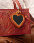 Heart Shape Bag Charm In Handtooled Leather