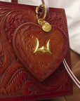 Heart Shape Bag Charm In Handtooled Leather