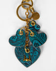 Heart Shape Keychain In Hand Finished Embossed Leather -  Turquoise