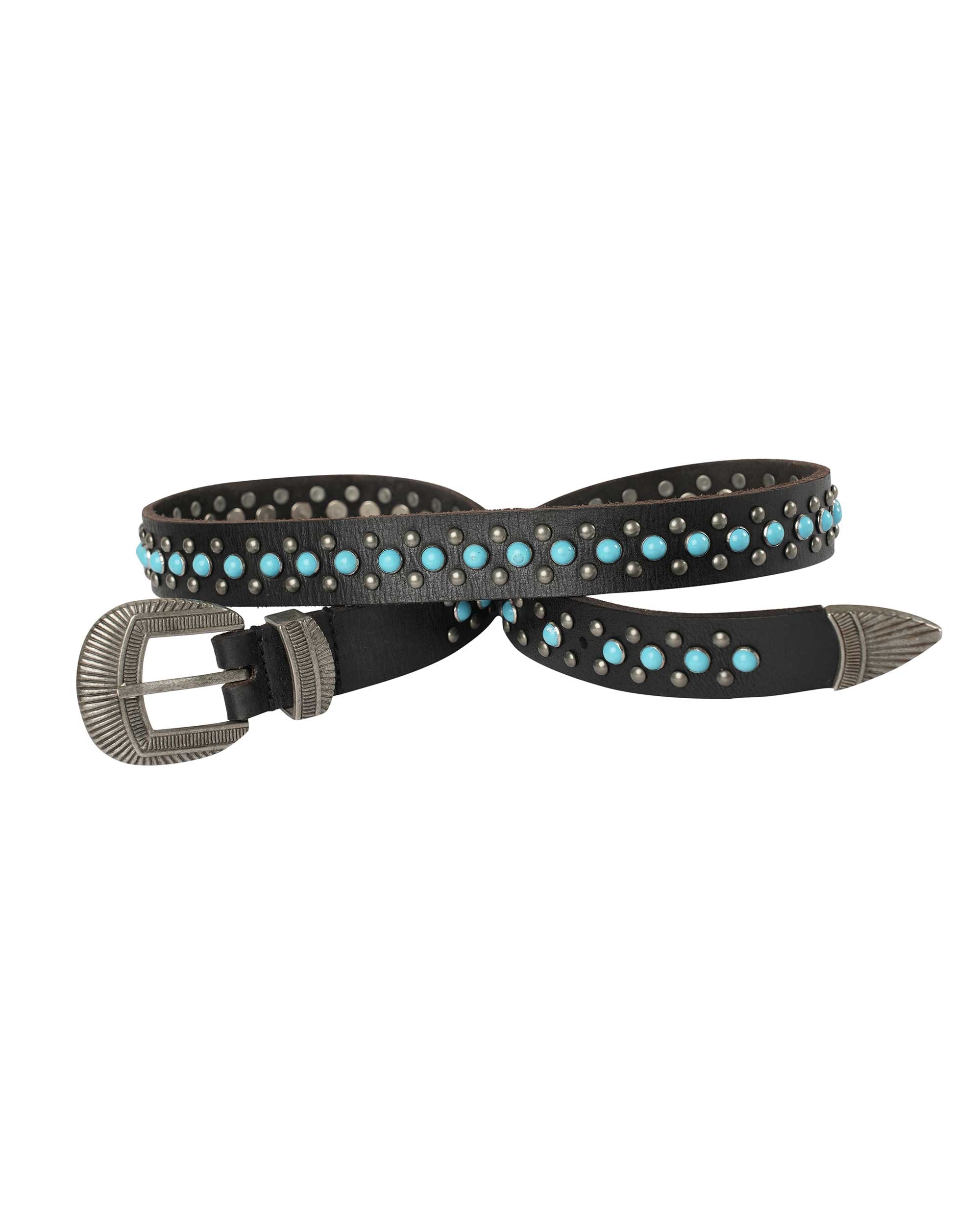 Midnight Ranger Western Leather Belt - Calfskin with Turquoise Stones