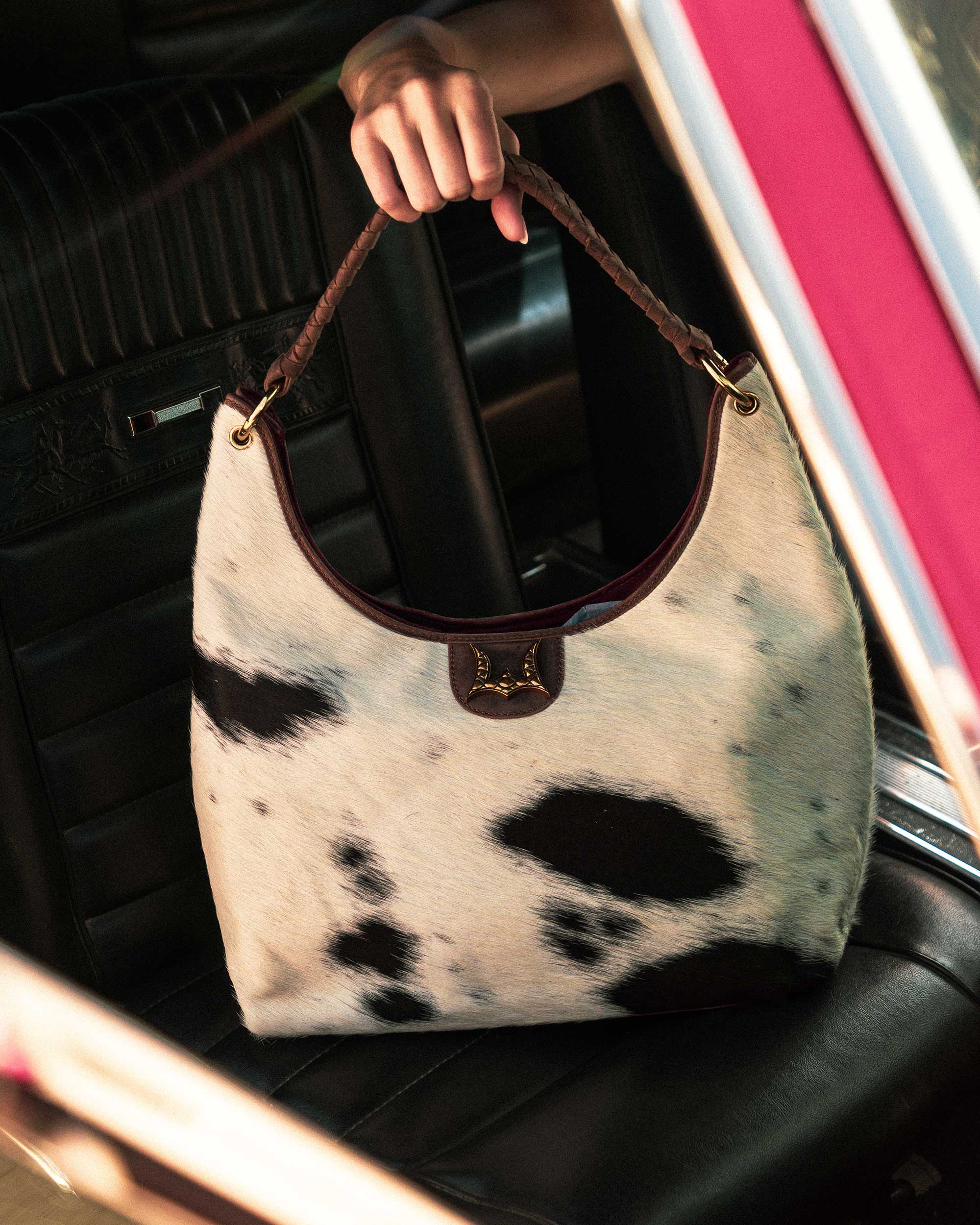 LW Large Purse - Black &amp; White Cowhide With Oiled Ruby Leather