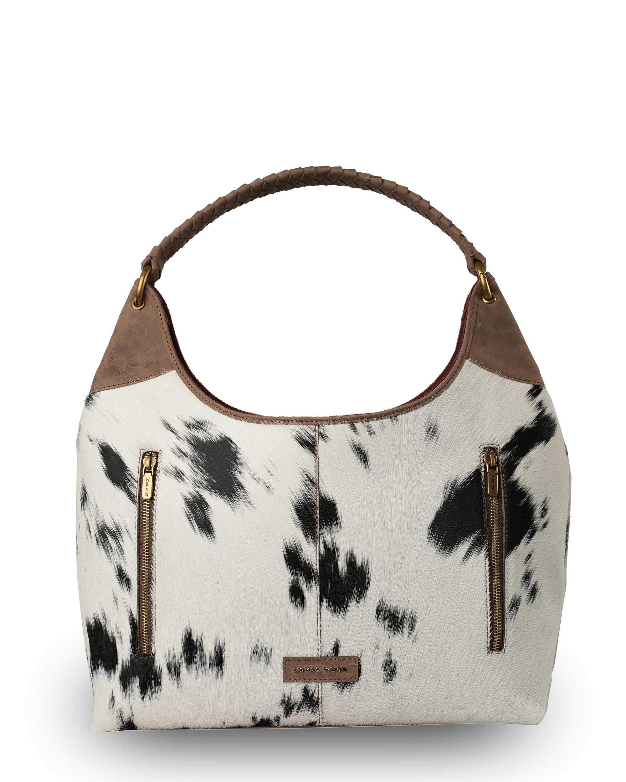 LW Large Purse - Black &amp; White Cowhide with Oiled Brown Leather