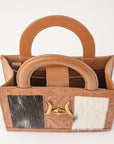 Leon Mini Handle Purse In Handtooled Leather & Black And White Cowhide