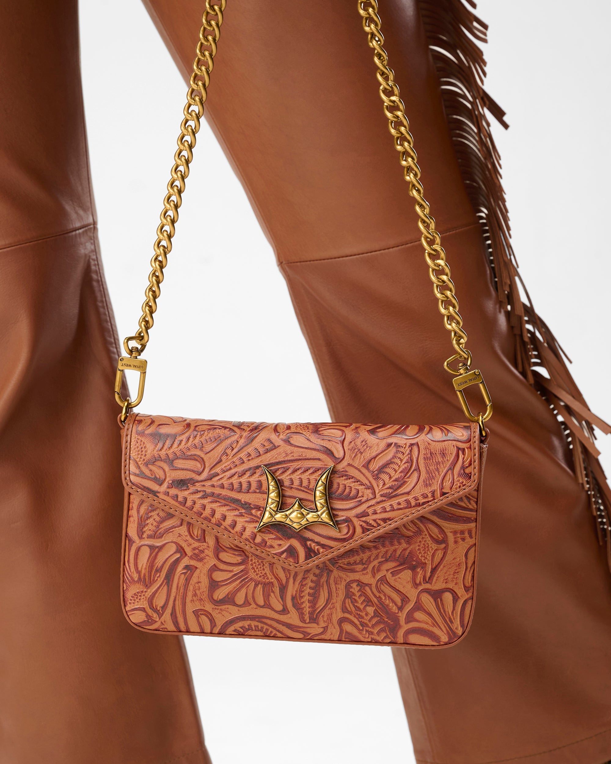 LW On The Go Mini Chain Bag In Hand Finished Embossed Leather - Brown