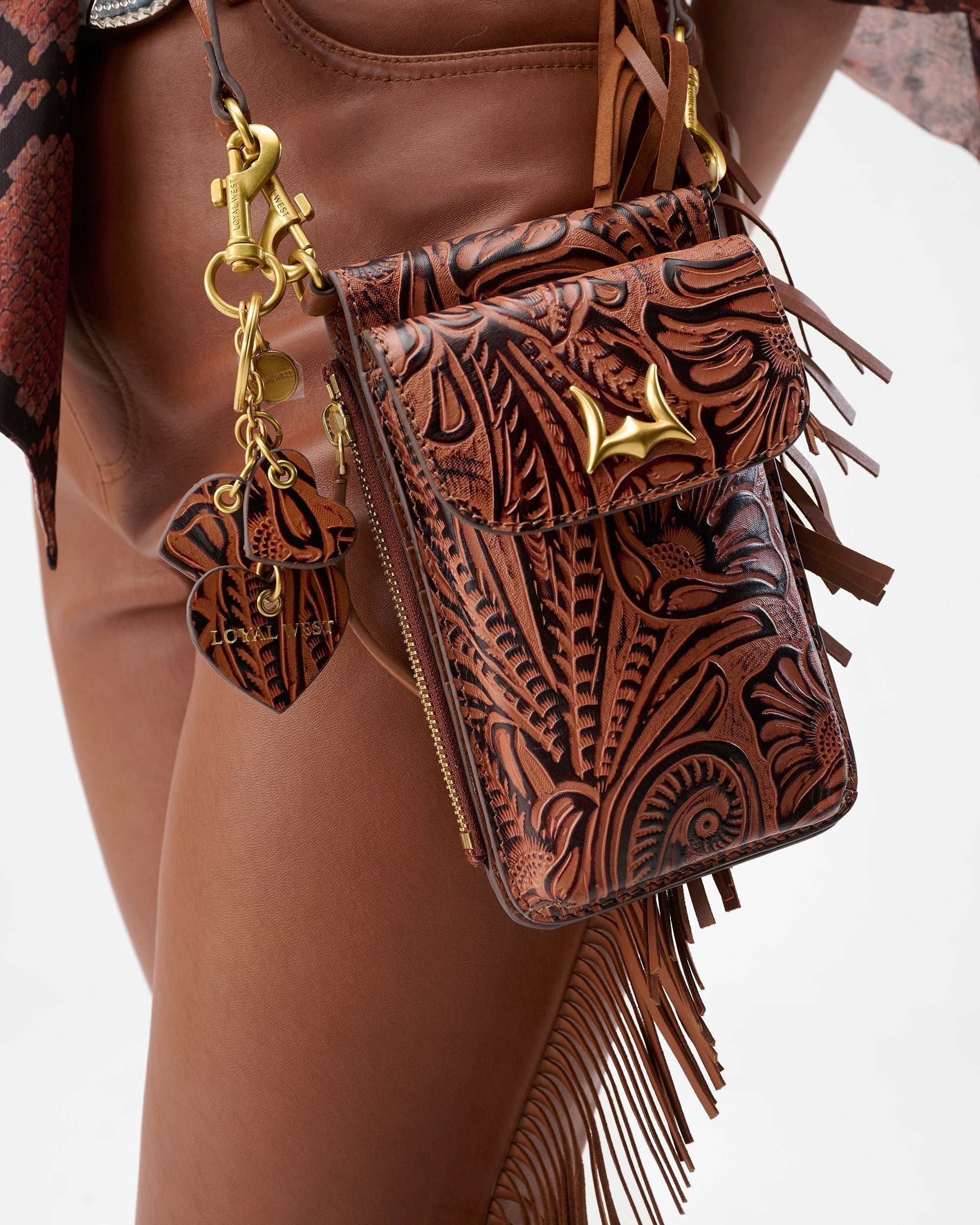 Heart Shape Keychain In Hand Finished Embossed Leather -  Brown