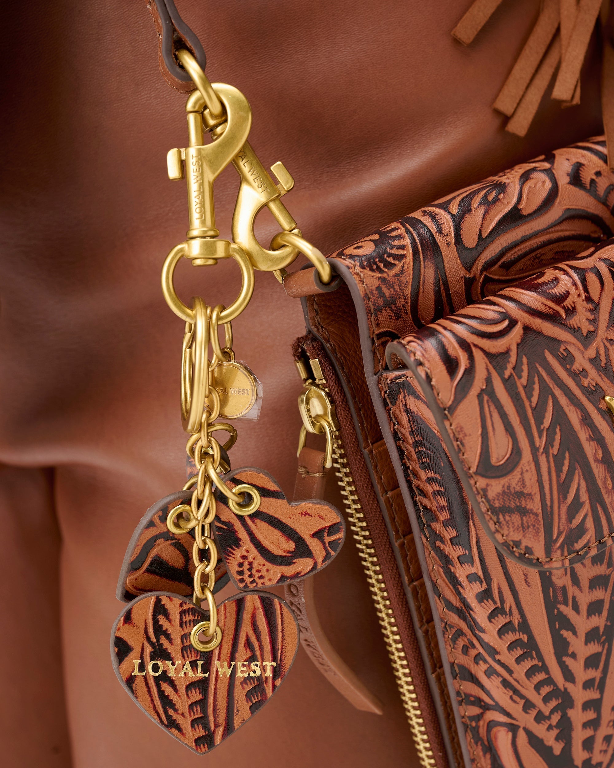 Heart Shape Keychain In Hand Finished Embossed Leather -  Brown