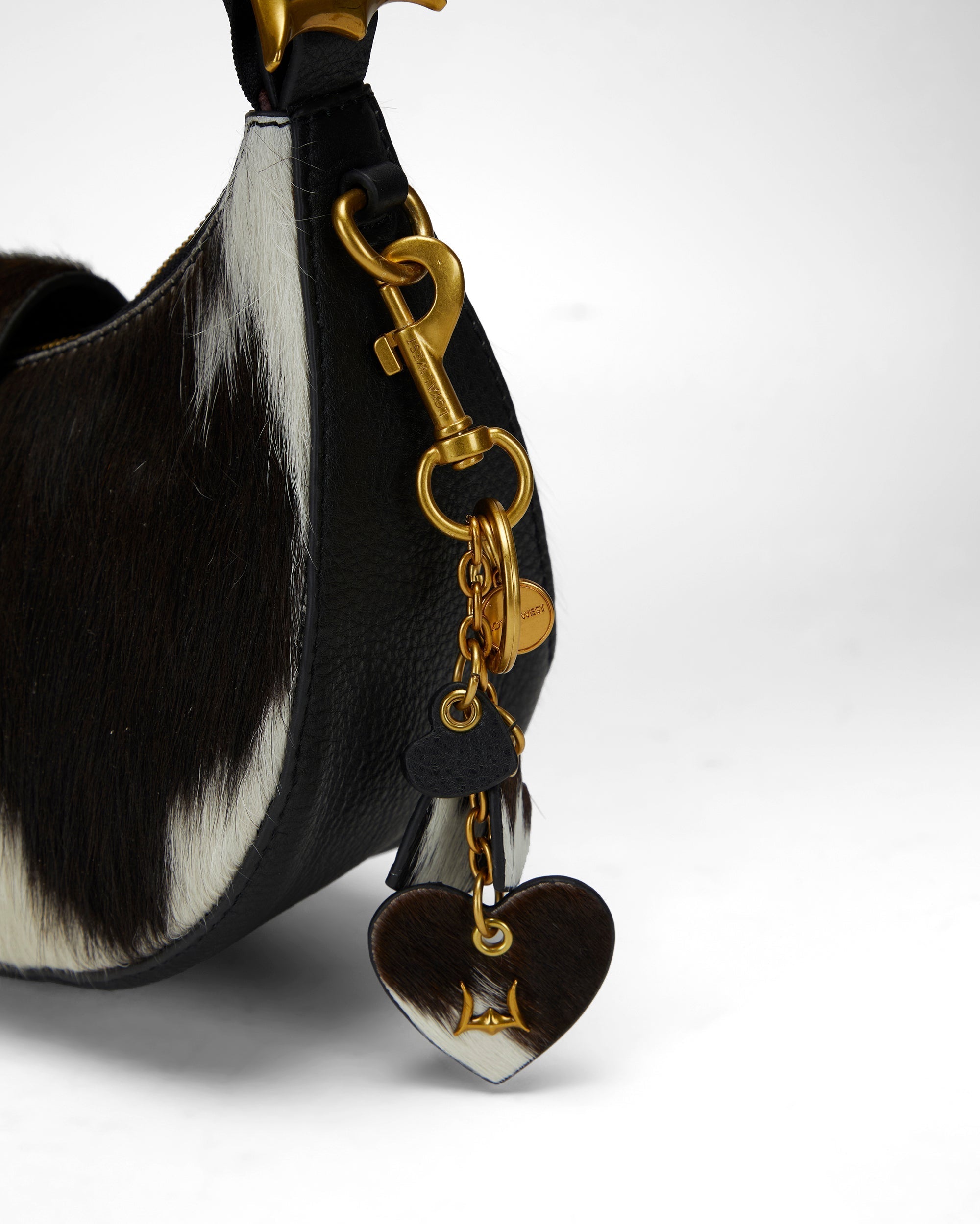 Heart Shape Keychain In Black &amp; White Cowhide Leather