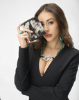 Sophia Card Holder In Black & White Cowhide
