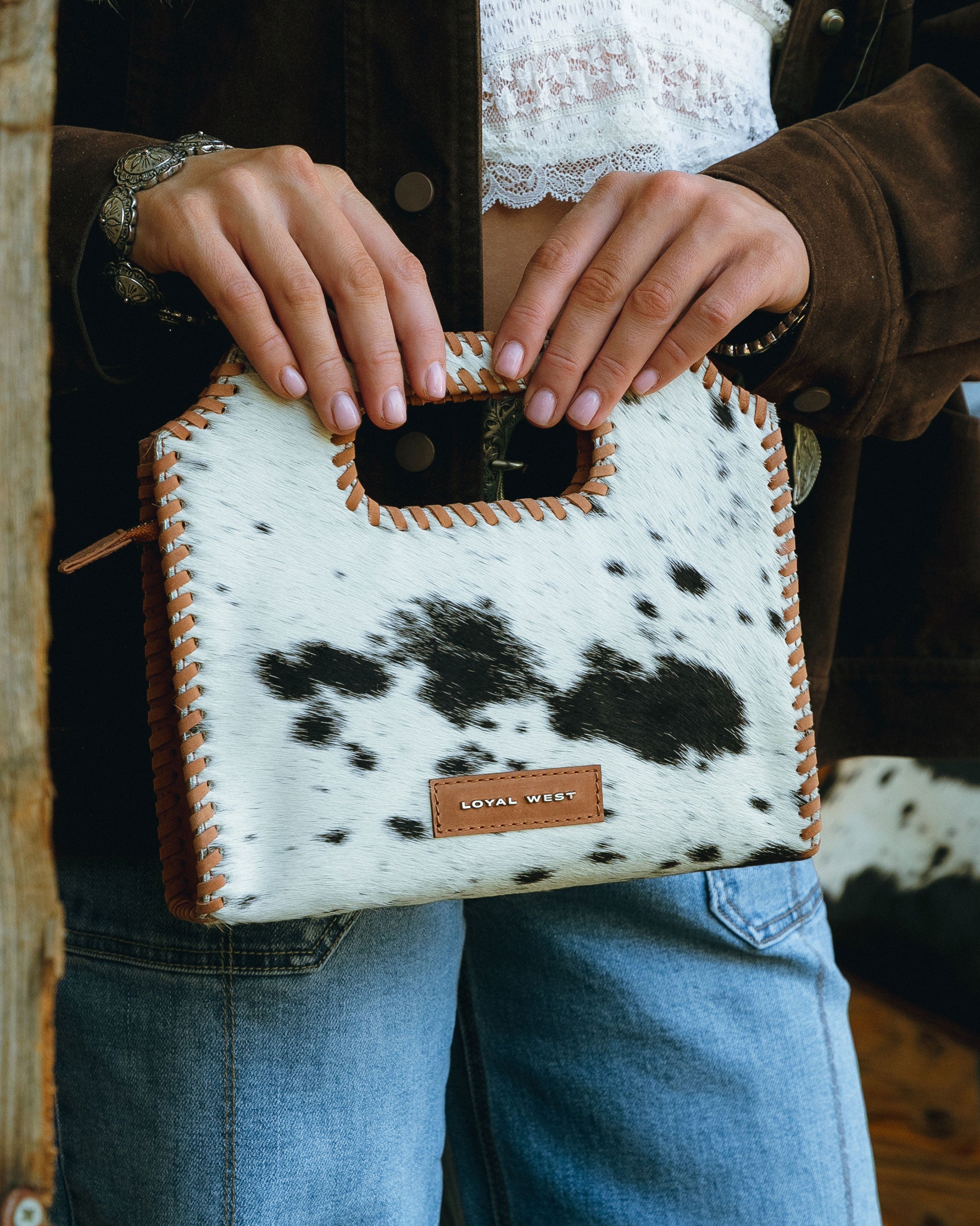 Alma Medium Hand Bag In Black &amp; White Cowhide